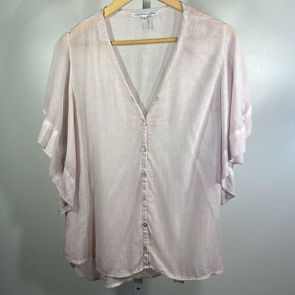 YOUNG FABULOUS & BROKE Women's Russo Ruffle Sleeve Button-Up Blouse Pink Large - Picture 3 of 10